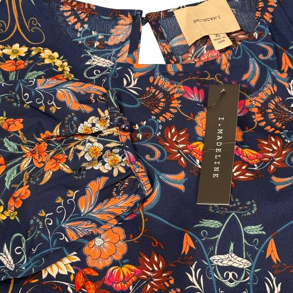 I. Madeline Garden Splendor Long Sleeve A Line Midi Dress Navy Womens XL NEW NWT